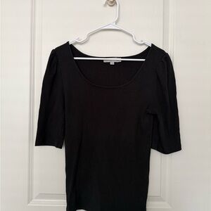 LOFT Black Half Sleeve Puff Shoulder Ribbed Tee